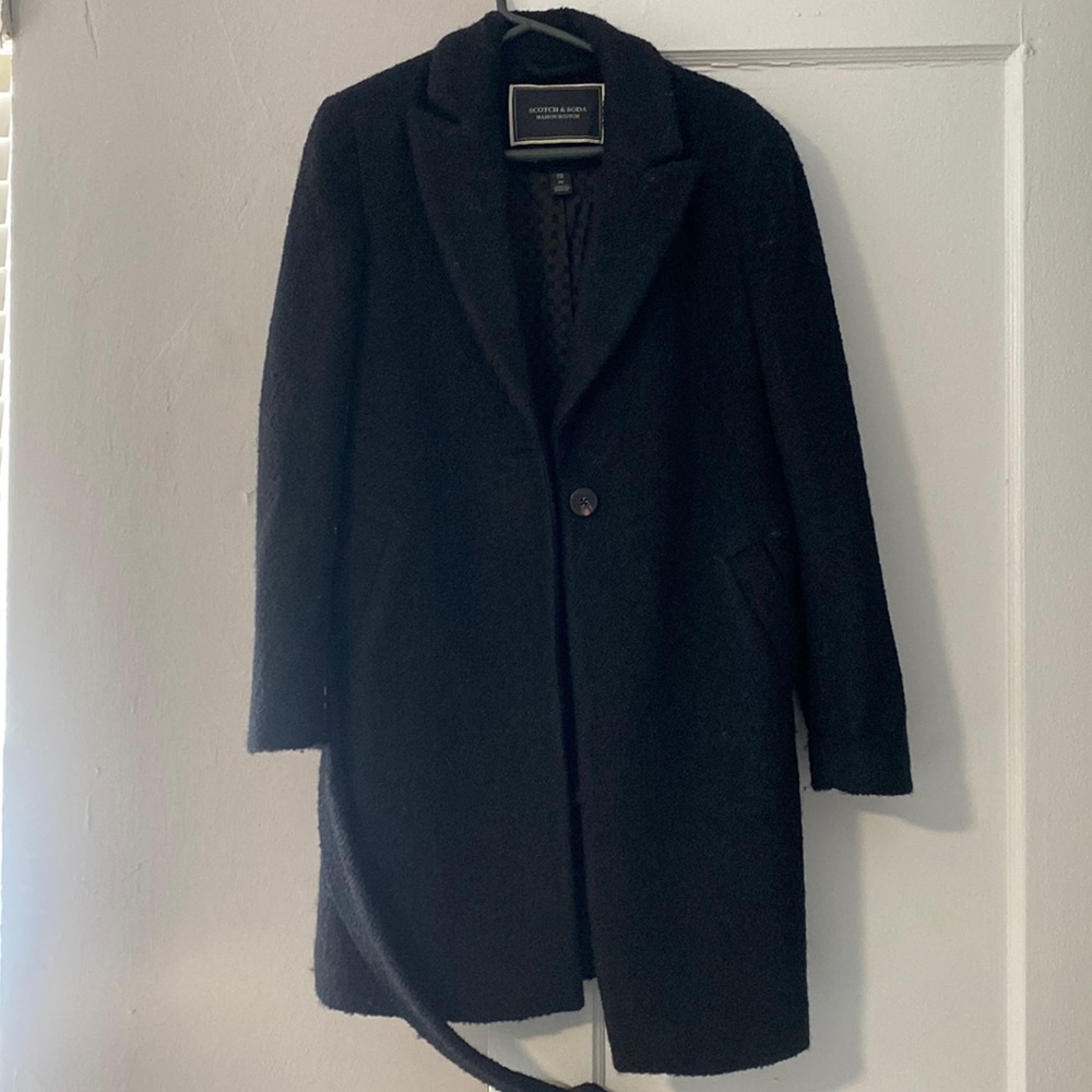 Scotch and Soda Boucle Poly Wool One Button Belted Moon Watcher Coat in black.